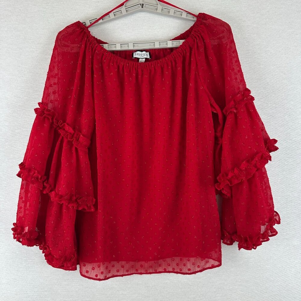 SAM &JESS RED OFF THE SHOULDER BLOUSE RUFFLED SHEER SWISS-DOT SLEEVES, SIZE S - Picture 3 of 8